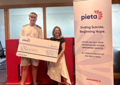 A huge thank you to Shayne McCabe for raising an incredible €4,115 for Pieta through his 124km running challenge in memory of David McCabe (Rasher). Your dedication, kindness and support will help make a real difference to those who need Pieta’s services. Thank you, Shayne!